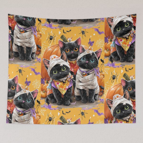 Item preview, Black Cats in Halloween Costumes – Adorable Mummy Kittens with Pumpkins and Spooky Background designed and sold by Grafititee.