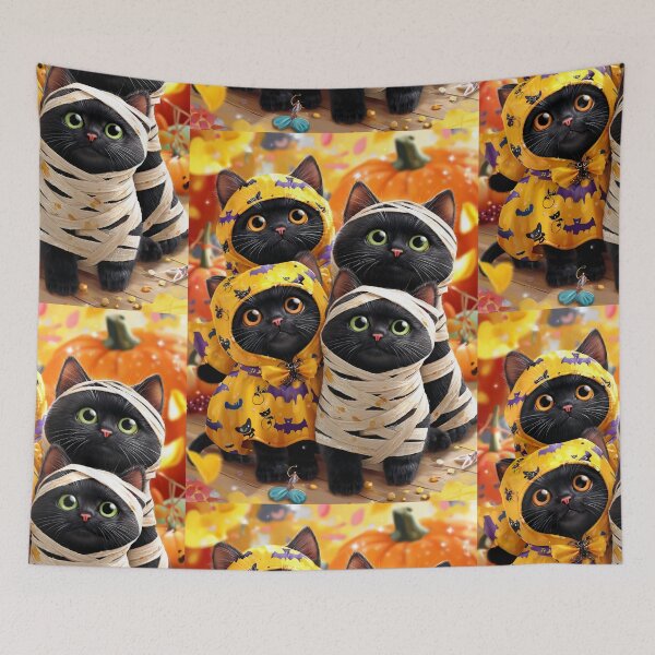 Item preview, Black Cats in Halloween Costumes – Adorable Mummy Kittens with Pumpkins and Spooky Background designed and sold by Grafititee.