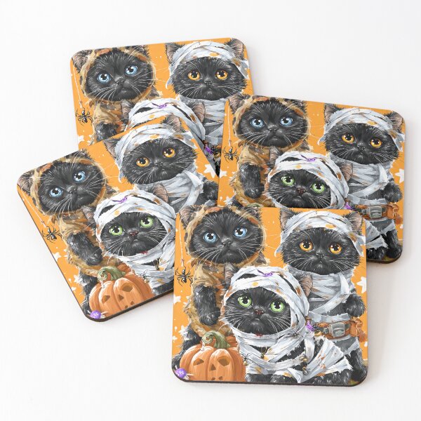 Item preview, Black Cats in Halloween Costumes – Adorable Mummy Kittens with Pumpkins and Spooky Background designed and sold by Grafititee.