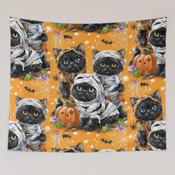 Item preview, Black Cats in Halloween Costumes – Adorable Mummy Kittens with Pumpkins and Spooky Background designed and sold by Grafititee.