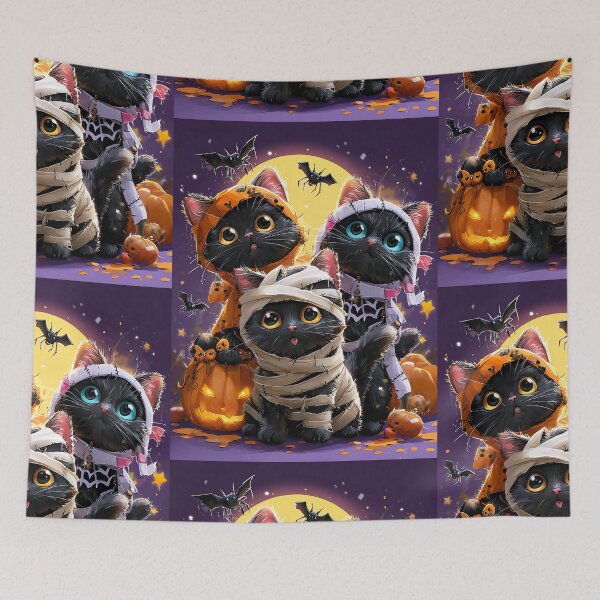 Item preview, Black Cats in Halloween Costumes – Adorable Mummy Kittens with Pumpkins and Spooky Background designed and sold by Grafititee.