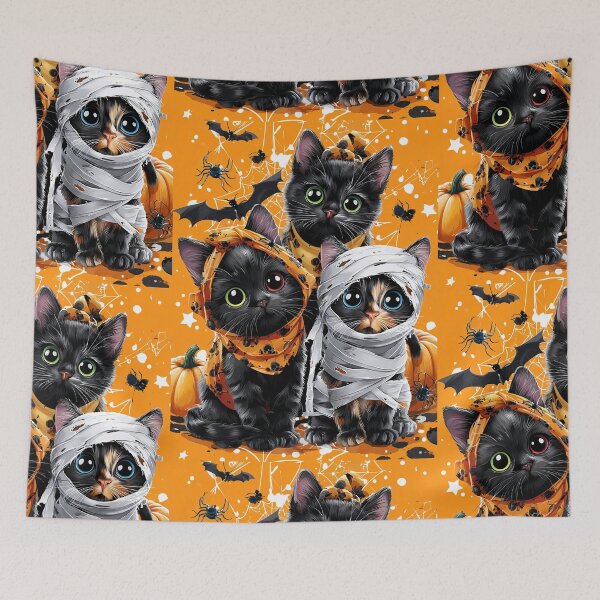 Item preview, Black Cats in Halloween Costumes – Adorable Mummy Kittens with Pumpkins and Spooky Background designed and sold by Grafititee.