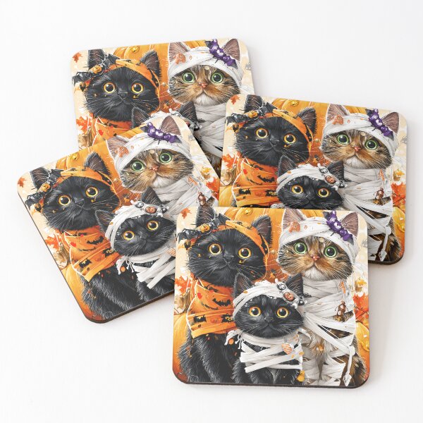Item preview, Black Cats in Halloween Costumes – Adorable Mummy Kittens with Pumpkins and Spooky Background designed and sold by Grafititee.