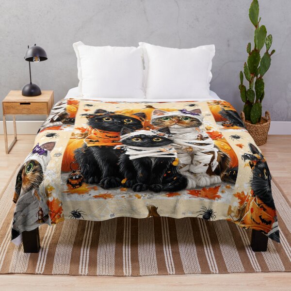 Item preview, Black Cats in Halloween Costumes – Adorable Mummy Kittens with Pumpkins and Spooky Background designed and sold by Grafititee.