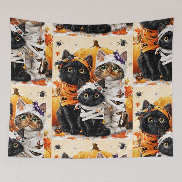 Item preview, Black Cats in Halloween Costumes – Adorable Mummy Kittens with Pumpkins and Spooky Background designed and sold by Grafititee.