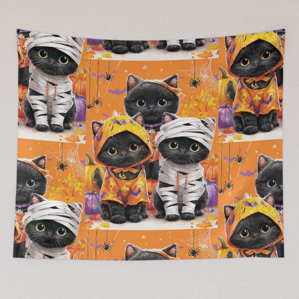Item preview, Black Cats in Halloween Costumes – Adorable Mummy Kittens with Pumpkins and Spooky Background designed and sold by Grafititee.