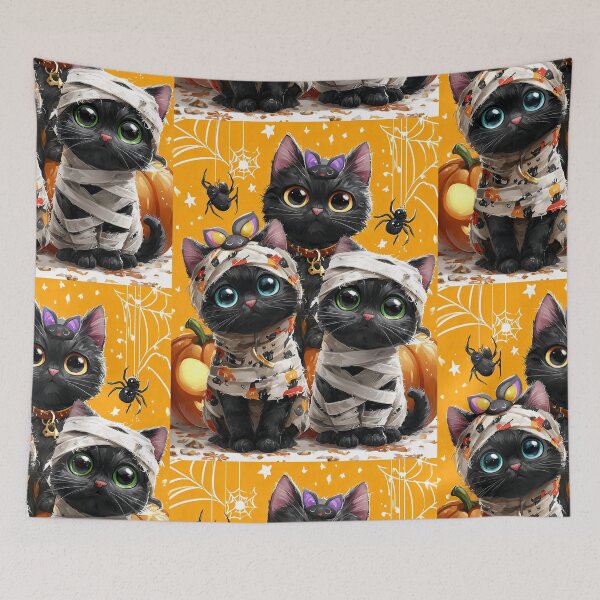 Item preview, Black Cats in Halloween Costumes – Adorable Mummy Kittens with Pumpkins and Spooky Background designed and sold by Grafititee.