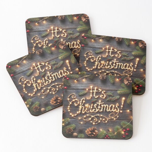 Item preview, The message "It's Christmas!" is spelled out with warm string lights, nestled among festive pine branches, pinecones, and red berries on a rustic wooden background designed and sold by homydesign.