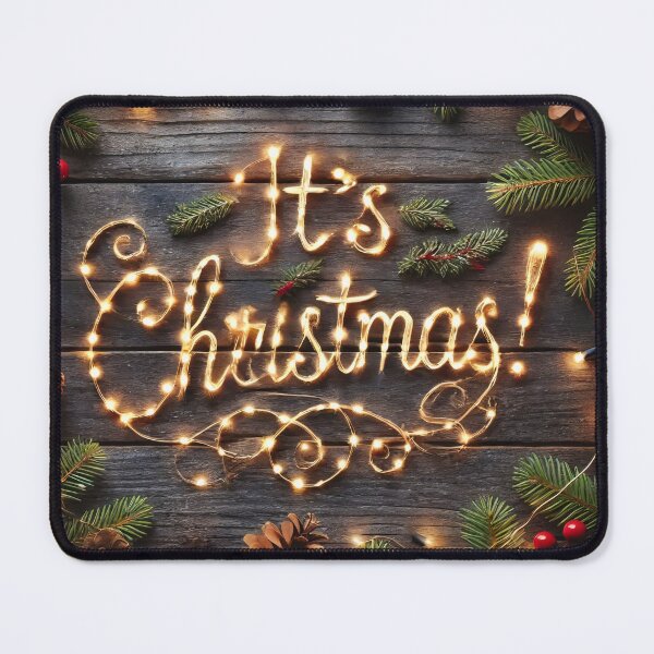 Item preview, The message "It's Christmas!" is spelled out with warm string lights, nestled among festive pine branches, pinecones, and red berries on a rustic wooden background designed and sold by homydesign.