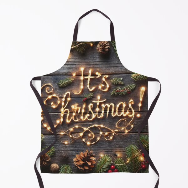 Item preview, The message "It's Christmas!" is spelled out with warm string lights, nestled among festive pine branches, pinecones, and red berries on a rustic wooden background designed and sold by homydesign.