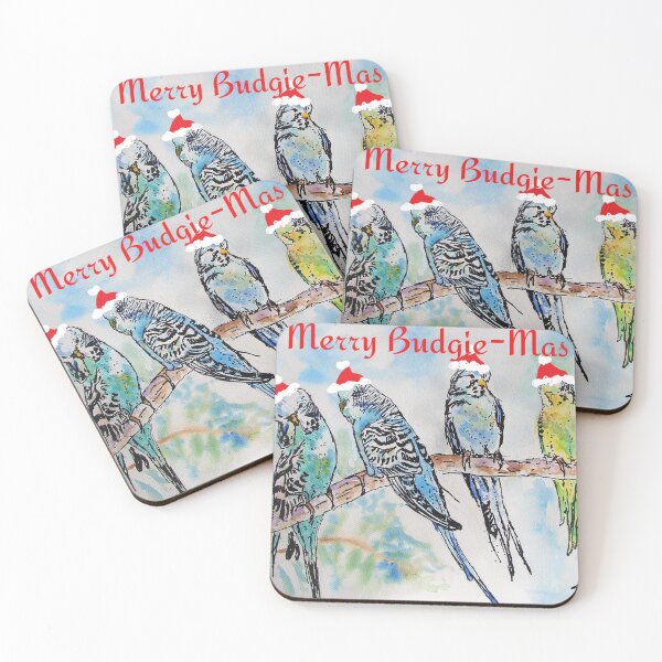 Item preview, Merry Christmas Budgie Budgies Budgerigars Watercolour Painting designed and sold by Sarah  Rajkotwala.