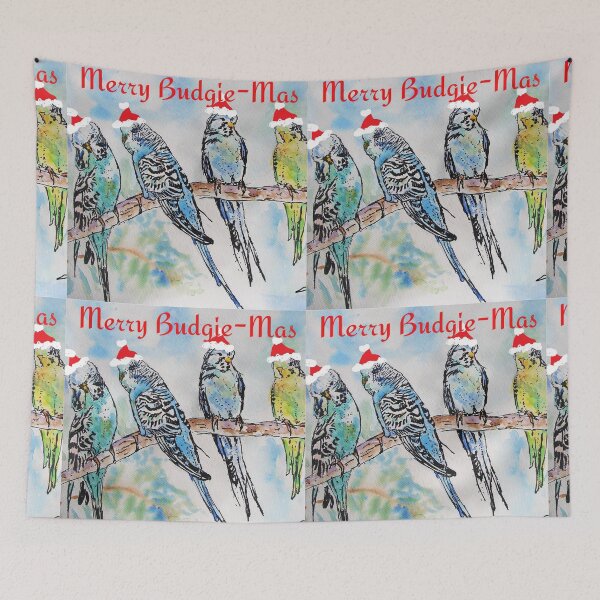 Item preview, Merry Christmas Budgie Budgies Budgerigars Watercolour Painting designed and sold by Sarah  Rajkotwala.
