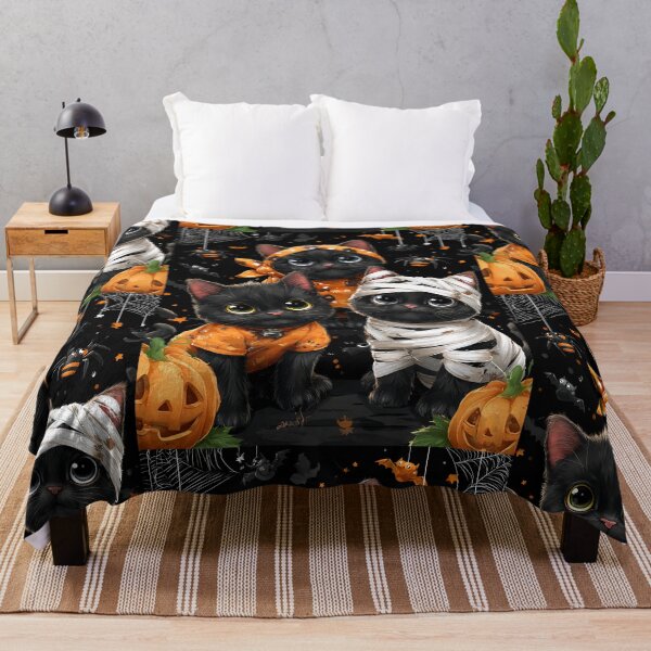 Item preview, Black Cats in Halloween Costumes – Adorable Mummy Kittens with Pumpkins and Spooky Background designed and sold by Grafititee.