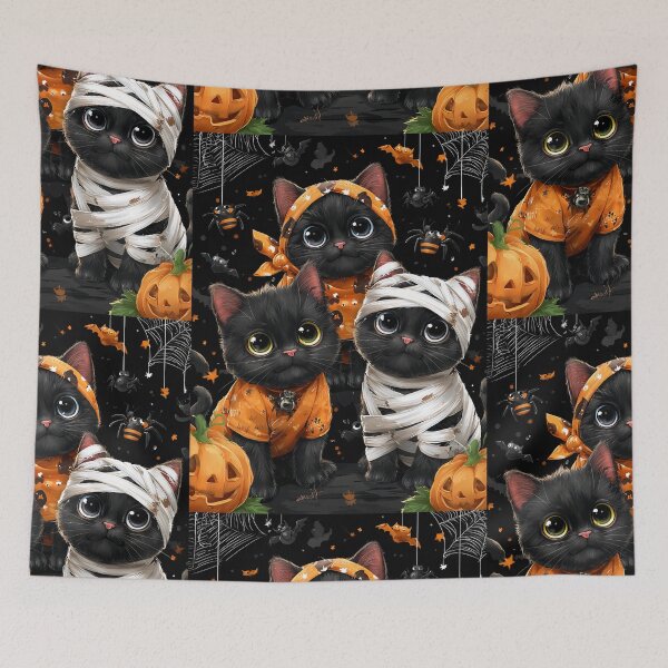 Item preview, Black Cats in Halloween Costumes – Adorable Mummy Kittens with Pumpkins and Spooky Background designed and sold by Grafititee.