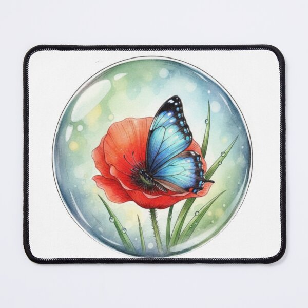 Item preview, Blue Butterfly on a Poppy in a Bubble ​Watercolor Butterfly and Poppy in a Sphere.  designed and sold by ZyVoAli.