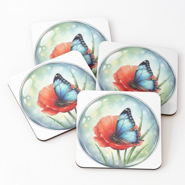 Item preview, Blue Butterfly on a Poppy in a Bubble ​Watercolor Butterfly and Poppy in a Sphere.  designed and sold by ZyVoAli.