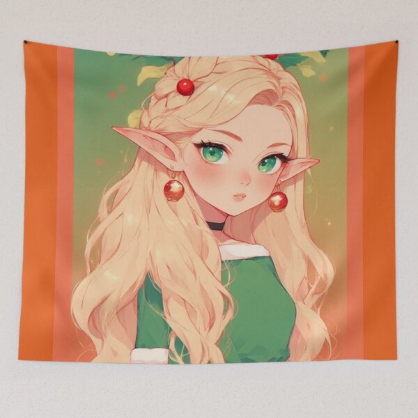 Item preview, Christmas elf anime with green and orange background designed and sold by ArtsJulian.