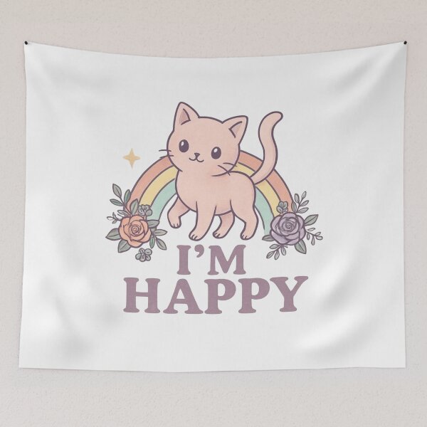 Item preview, Vintage Kawaii Cat with Rainbow • Soft Pastel I’m Happy Positive Aesthetic designed and sold by SirensSageStone.