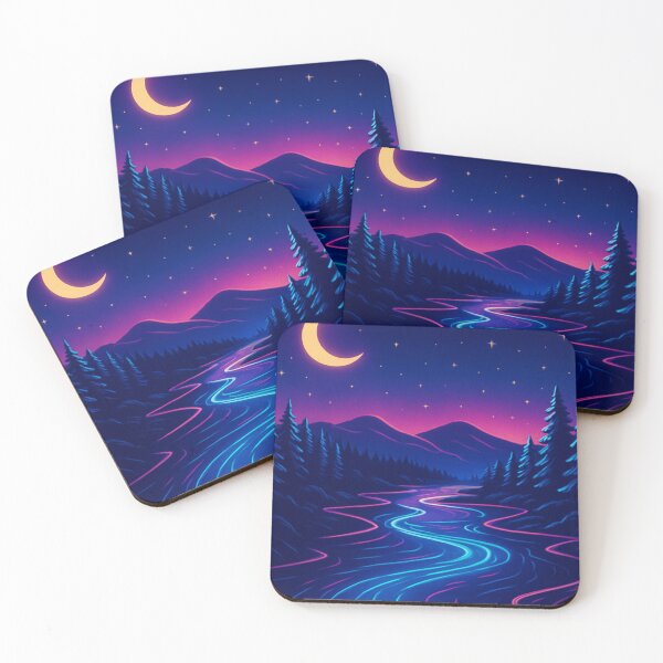 Item preview, Neon River Moonlight Vaporwave Landscape designed and sold by GolabMagic.