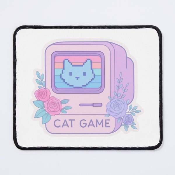 Artikelvorschau, Kawaii-Retro-Katzenspiel • Pastellfarbene Pixel-Computerästhetik mit floralem Gamer-Flair entworfen und verkauft von SirensSageStone.