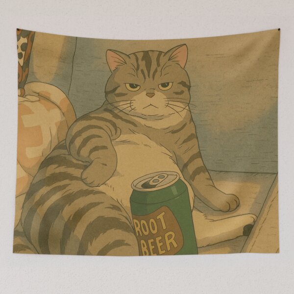 Aperçu de l'œuvre Ghibli Style Lazy Cat With Root Beer - Cozy Anime Art créée et vendue par PixelStorage.