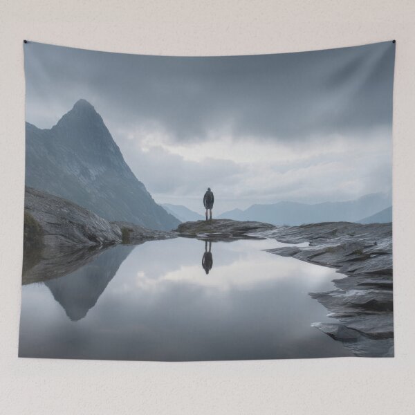 Item preview, Lone figure by mountain lake designed and sold by anytka.