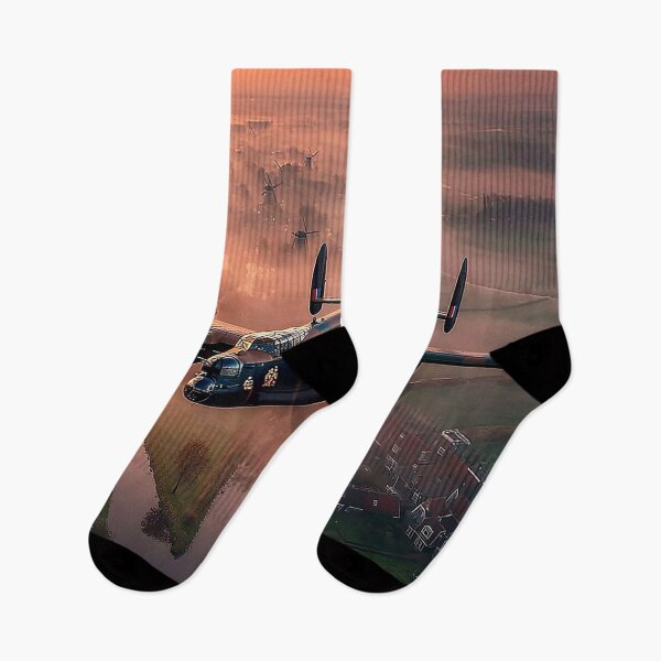 Item preview, RAF Lancaster Flying Over Misty Dutch Farmland at Dawn designed and sold by Skyframe Aviation.