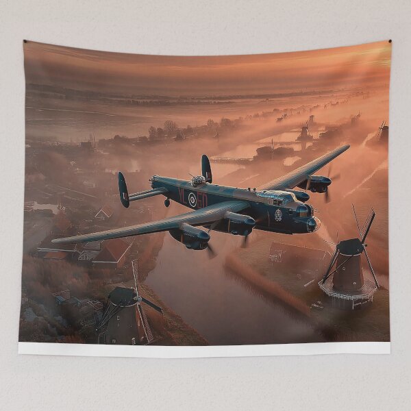 Item preview, British Lancaster Moving Above Sunlit Fields of the Netherlands in Golden Light designed and sold by Skyframe Aviation.