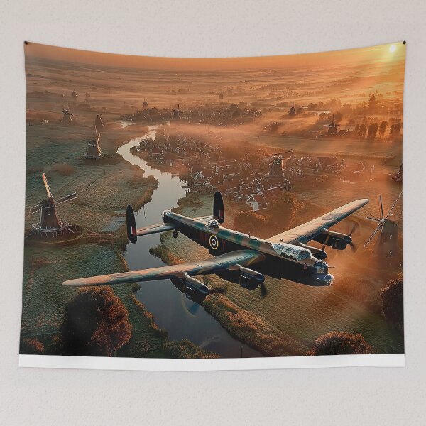 Item preview, The Lancaster Bomber Sweeping Past Windmill Country as the Sun Rises designed and sold by Skyframe Aviation.
