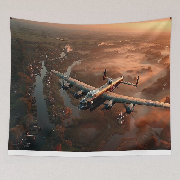 Item preview, The Lancaster Bomber Passing Above the Windmills of Holland in Tranquil Skies designed and sold by Skyframe Aviation.
