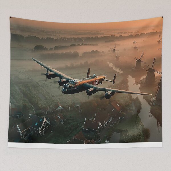 Item preview, British Lancaster Flying Over the Dutch Countryside in Morning Mist designed and sold by Skyframe Aviation.