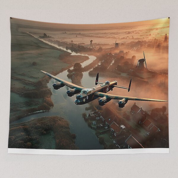 Item preview, Historic Lancaster Moving Above the Morning Windmills as the Sun Rises designed and sold by Skyframe Aviation.