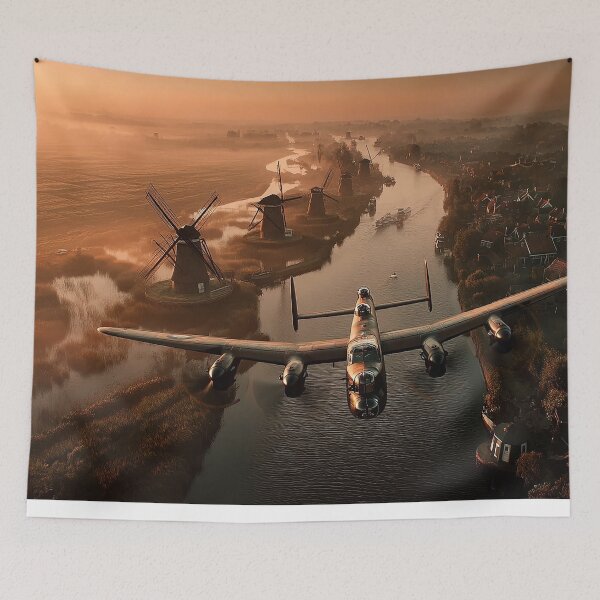 Item preview, Lancaster Aircraft Soaring Across Quiet Villages of Holland with the Sun Emerging designed and sold by Skyframe Aviation.