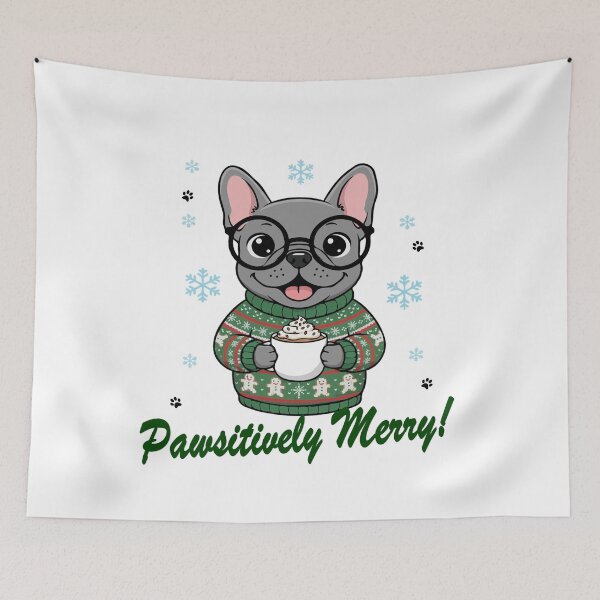 Item preview, Pawsitively Merry Grey French Bulldog in Christmas Sweater with Hot Cocoa | Dog Lovers designed and sold by The Real Life Symphony.