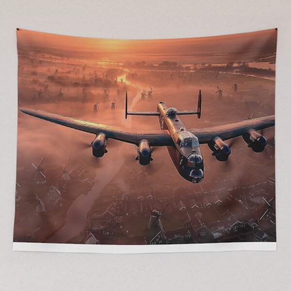 Item preview, British Lancaster Gliding Over the Morning Windmills During Sunrise designed and sold by Skyframe Aviation.