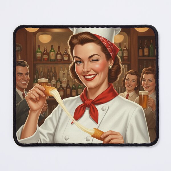 Item preview, "BEST MOZZARELLA STICKS!" – Vintage 1950s Pub Lady Chef Poster designed and sold by Cozy-Old-Pub.
