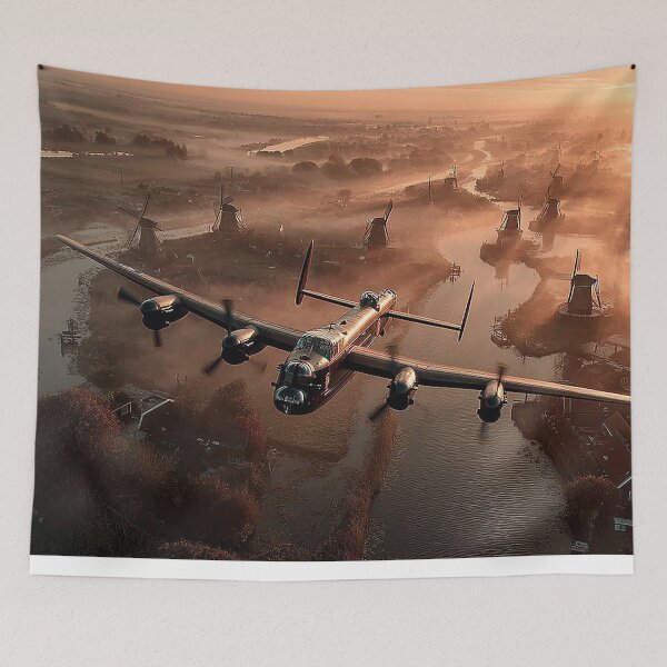 Item preview, RAF Lancaster Passing Above the Sunrise Landscape in Soft Hues designed and sold by Skyframe Aviation.