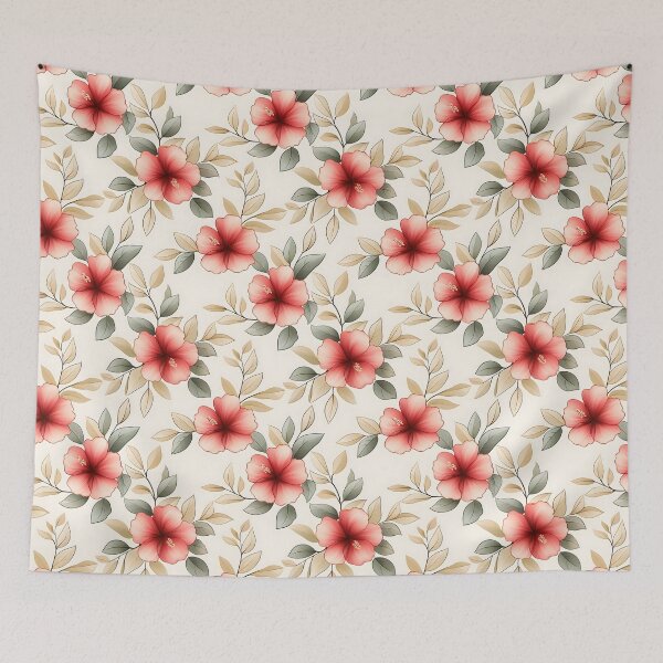Item preview, The image features a seamless pattern with red hibiscus flowers and leaves in shades of gray and beige, set against a cream-colored backdrop, creating an elegant and soothing design. designed and sold by rujlaphusstudio.