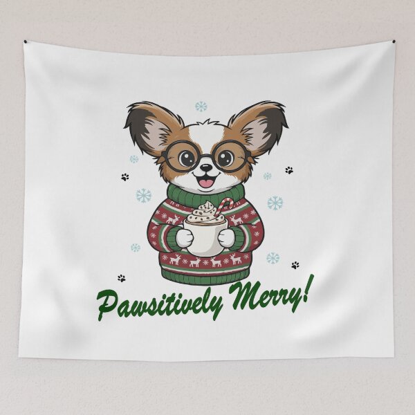 Item preview, Pawsitively Merry Papillon in Christmas Sweater with Hot Cocoa | Dog Lovers designed and sold by The Real Life Symphony.