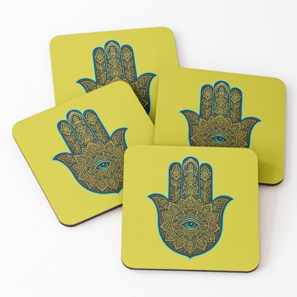 Item preview, Hamsa Hand Protection Mandala – Spiritual Neon Turquoise Gold Art designed and sold by Dezpro.