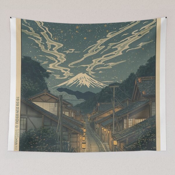 Item preview, Ukiyo-e Woodblock Print of Mount Fuji Night Village – Japanese Starry Sky Landscape designed and sold by Vandy Fullam.