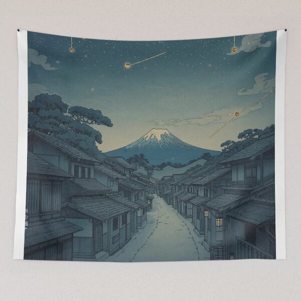 Item preview, Starry Night Village at Mount Fuji – Japanese Ukiyo-e Indigo Woodblock Scene designed and sold by Vandy Fullam.