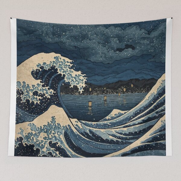Item preview, Ukiyo-e Woodblock Night Seascape – Japanese Indigo Waves Under a Starry Sky designed and sold by Vandy Fullam.