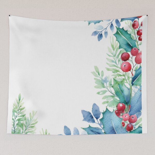 Item preview, Festive holiday holly berry wreath border, red, blue and green holiday floral watercolor painting, black background,  winter holiday season decor  designed and sold by navitalidesign.