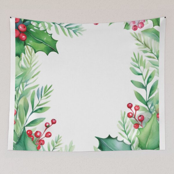 Item preview, Festive holiday holly berry wreath border, red and green holiday floral watercolor painting, black background,  winter holiday season decor  designed and sold by navitalidesign.