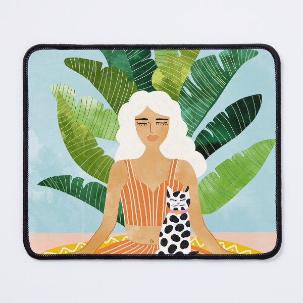 Item preview, Meditation With Thy Cat Poster | Blonde Woman of Color | Tropical Banana Leaves Quirky Pet Workou designed and sold by 83oranges.com.
