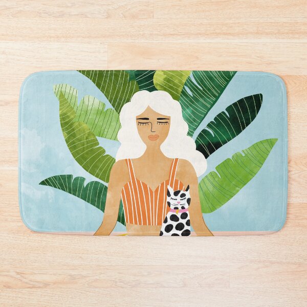 Item preview, Meditation With Thy Cat Poster | Blonde Woman of Color | Tropical Banana Leaves Quirky Pet Workou designed and sold by 83oranges.com.