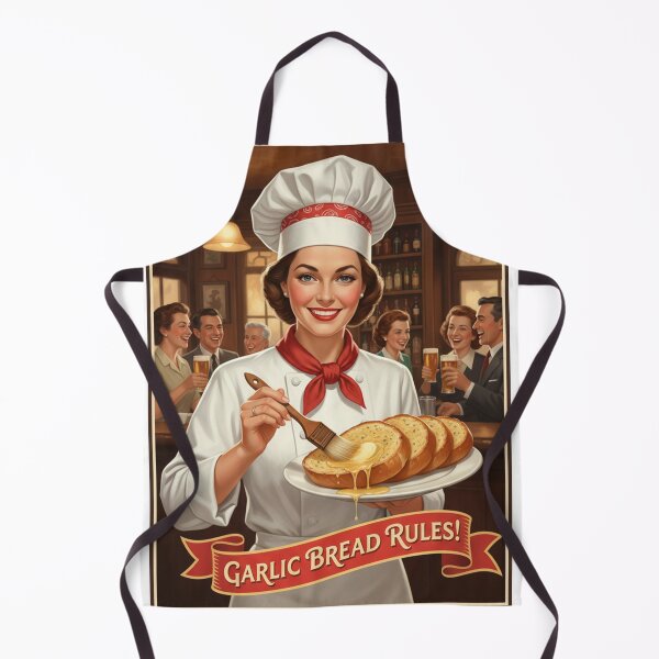 Item preview, "GARLIC BREAD RULES!" – Vintage 1950s Pub Lady Chef Poster designed and sold by Cozy-Old-Pub.