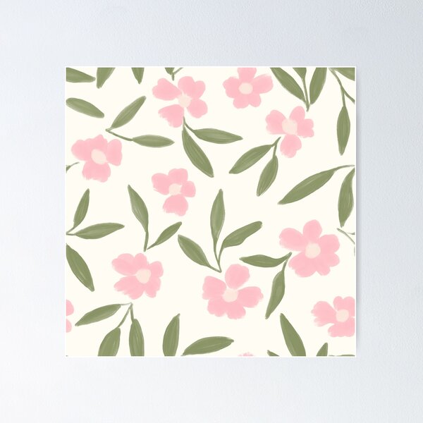 Item preview, Soft pink painterly brushstroke flowers and green leaves on cream pattern designed and sold by PrettywithColor.