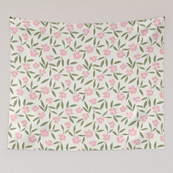 Item preview, Soft pink painterly brushstroke flowers and green leaves on cream pattern designed and sold by PrettywithColor.